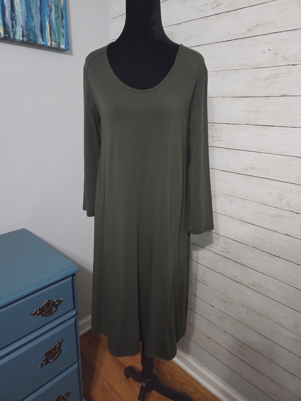 GARNET HILL Women’s Scoop Neck Midi Dress - Small, Olive Green, Long Sleeves